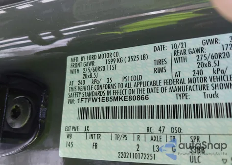 2021 Ford F-150 Xlt из США, поврежденный, VIN 1FTFW1E85MKE80866